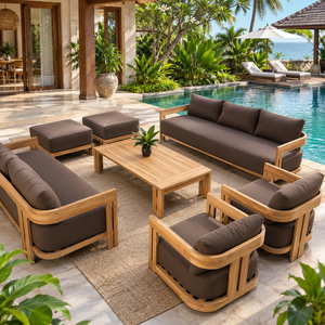 Modern Teak <b>Outdoor</b> Sofa Set Waterproof <b>Cushions</b> Patio <b>Garden</b> Villa Courtyard Seating Furniture - Product Image 3