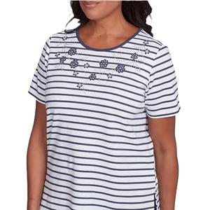 Camisetas a rayas de cuello redondo de algodón 100% para mujer, camisetas bordadas transpirables informales de verano con logotipo personalizado para exteriores, camisetas teñidas lisas - Product Image 5