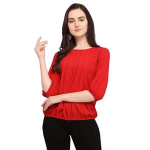 Top Rojo Plisado de Crepé de Moda Shoryam para Mujer |   Ropa Occidental Sólida y Elegante |   Ropa Formal de Oficina para Uso Diario |   Elegante y Rápido de Usar - Product Image 1