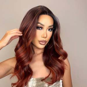 DWY T Long Curly Synthetic <b>Wig</b> with Loose Wave Style Natural Honey <b>Brown</b> with Blonde Highlight Lace Front and Transparent Lace - Product Image 4