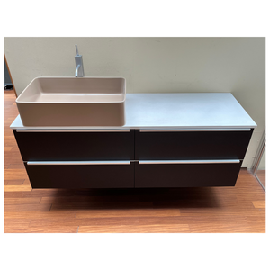 Elegante tocador de pared de roble oscuro 100% fabricado en Italia con 4 cajones y encimera de Corian, preparado para lavabo tipo cuenco, tiradores de acero inoxidable cepillado - Product Image 3