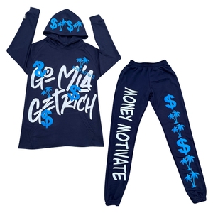 100% coton pour bouffée impression Logo survêtement deux pièces français éponge sweat à capuche pantalons de survêtement ensemble survêtement lourd avec col zippé - Product Image 1