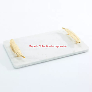 Bandeja de servicio de mármol blanco de lujo con elegantes asas de Metal de plumas doradas y plateadas, bandeja decorativa Rectangular para decoración del hogar - Product Image 3