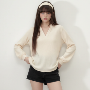 Tunique en maille côtelée confortable pour femmes, col en V, douce, respirante, écologique, manches longues, pull décontracté, marque privée, vente en gros - Product Image 1