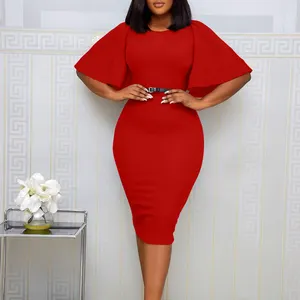 Femme Sexy Simple Round Neck Wholesale Clothing Ruffles Sleeve Bodycon Dress