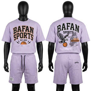 Conjunto Premium de Camiseta y Pantalones Cortos de Algodón Terry de 220 GSM para Hombre, Color Lavanda, Diseño de Logotipo Personalizado con Estampado Puff, Conjunto de 2 Piezas - Product Image 1