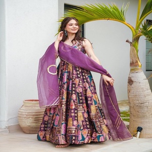 ชุดผ้าไหม Anarkali สำหรับงานแต่งงานพิมพ์ลายดิจิทัลลายนูนขนเทียมทำจากผ้าฝ้ายออกแบบล่าสุด - Product Image 3