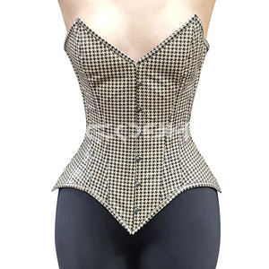 Corset classique noir et blanc à motif pied-de-poule en PVC, avec baleines en acier, pour les soirées et la mode - Product Image 1