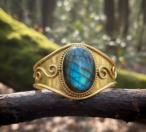 Pulseras de cuentas de plata tibetana cabujón labradorita natural hecha a mano 14K oro bohemio hombres tamaño ajustable abierto certificado - Product Image 1