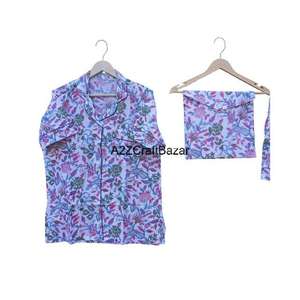 Ensemble de pyjama pour femmes en coton 100% pur, motif élégant, fermeture à cordon, tissu doux et lisse, vêtements décontractés d'été - Product Image 2