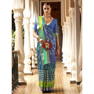 Magnifique sari en soie Patola bleu, imprimé numériquement, pour les occasions spéciales, pour les mariages - Product Image 2