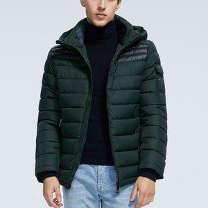 Manteau bouffant à capuche zippé à manches longues pour hommes Veste bulle d'hiver vert foncé avec logo personnalisé et col montant - Product Image 3