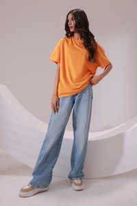 Camiseta de verano personalizada con cuello redondo para mujer, Camiseta de algodón transpirable de secado rápido con decoración, camiseta de manga corta para mujer, Color naranja - Product Image 2