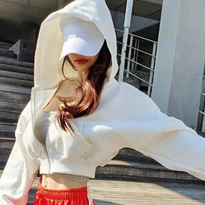 Jersey de algodón 100% liso de alta calidad con logotipo personalizado, sudadera de gran tamaño con cremallera para mujer, sudadera recortada con bolsillos y capucha - Product Image 4