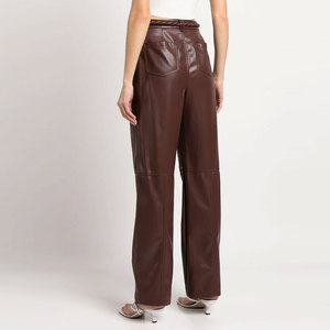 Pantalon en cuir pour femme avec ceinture large et forme profilée Pantalon en cuir à coupe droite pour femme - Product Image 5