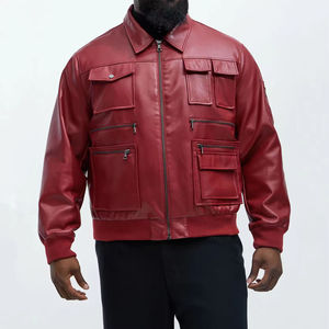 Veste cargo rouge en similicuir pour hommes, Streetwear multi-poches, style bombardier, nouveau design de mode - Product Image 5
