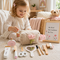 Ensemble de maquillage en bois pour enfants, jeu de simulation de coiffure pour filles, ensemble de coiffeuse princesse rose avec trousse de cosmétiques, cadeau Montessori pour jeu de rôle