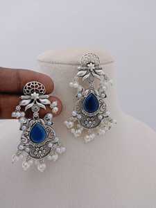 Pendientes de gota Chandbali de caléndula de plata oxidada antigua, conjunto de lujo con patrón único, joyería de moda a granel personalizable - Product Image 2