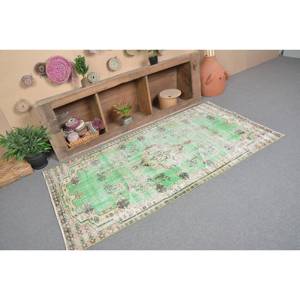 Tapis turc vintage 3.5 x 6.8ft vert beige laine Patchwork Design Latex pour la maison salon chevet rectangulaire couloir Tabriz - Product Image 2