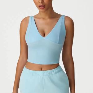 Camiseta sin mangas con cuello en V marrón personalizada para mujer, Camiseta corta ajustada Sexy, camiseta sin mangas corta con cuello en V profundo, colores OEM disponibles - Product Image 2