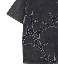 T-shirt unisexe en coton noir délavé surdimensionné, imprimé abstrait de pointes, délavage acide, épaules tombantes, streetwear, décontracté, pour l'été - Product Image 5