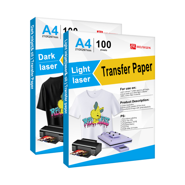 HESHUN 100 Sheets Pack A3/A4 Light/dark Inkjet Heat Transfer Paper for Inkjet Printer Cotton T-shirt Fabric Printing