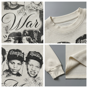 T-shirt vintage surdimensionné pour homme en maille gaufrée à manches longues - 250 GSM, streetwear épais avec impression photo - Product Image 4