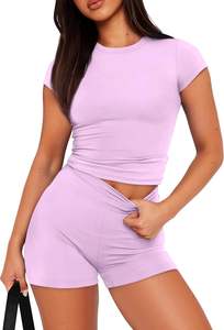 Conjunto de entrenamiento de 2 piezas acanalado sin costuras para mujer, Top corto de manga corta, pantalones cortos de Yoga de cintura alta, Material de algodón para el gimnasio diario - Product Image 6