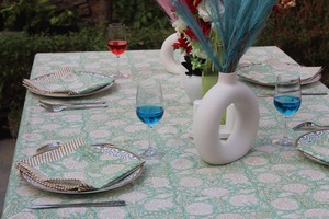 Nappe à fleurs vert sauge bloc nappe imprimée nappe en coton Boho décor à la maison nappe de ferme décor de Table à manger - Product Image 3