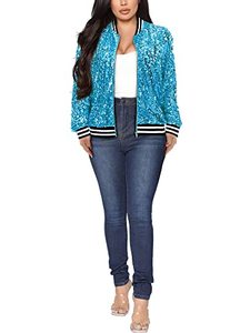 Women's Blue <b>Sequin</b> Varsity <b>Jacket</b> Full Sleeve Zipper Turn-down Collar Polyester Spring Style - Product Image 1