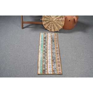 1.1x3.1 ft Vintage Turkish <b>Wool</b> Rug Eco Friendly <b>Brown</b> Patchwork with Latex Backing Traditional Home Dining Room Rug - Product Image 3