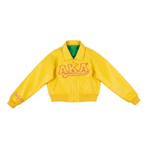 Proveedor de Chaquetas Universitarias Personalizadas AKA |   Chaqueta Corta de Cuero PU con Letras Griegas Bordadas Personalizadas para Mujer - Product Image 1
