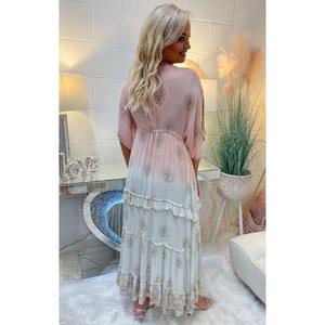 2024 Tie Dye Three-Quarter <b>Sleeve</b> V-Neck Floral <b>Chiffon</b> <b>Dress</b> Women High Knee Length Sweet Style Free Size-New Collection - Product Image 6