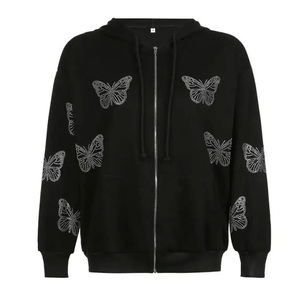 Sweat à capuche zippé en coton pour homme, col montant, doublure polaire tricotée, manches longues, avec logo personnalisé et strass, idéal pour l'hiver - Product Image 1