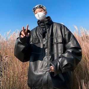 American Vintage Thicken Plus Velvet Pu Puffer Jacket Hombres Casual Warm Fleece Faux Leather Parkas Mens Winter Bubble Coat - Product Image 3