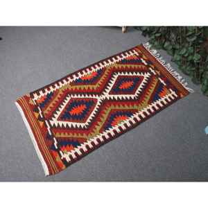 พรมคิลิมวินเทจ ขนาด 2.2x3.8 ฟุต (66x116 ซม.) ลายตารางสีแดง พรมตุรกี - Product Image 2