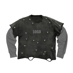 เสื้อยืดคุณภาพสูงผ้าฝ้ายหนานุ่มทรงหลวมแบบดิสเทรส แขนเสื้อคู่ทรงบ็อกซี่ เสื้อยืดสั่งทำพิเศษสำหรับผู้ชาย - Product Image 1