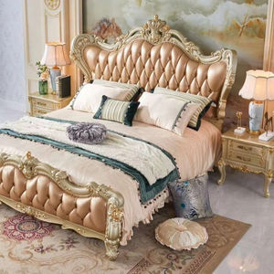 B68 #   Ensemble de lit <span class=keywords><strong>king</strong></span>-<span class=keywords><strong>size</strong></span> en bois massif de chêne français noble, sculpté à la main, avec revêtement en cuir, méritez-le - Product Image 1