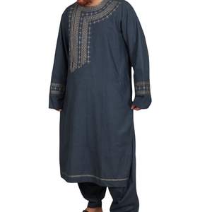 Costume traditionnel afghan pour homme en bleu acier, Perahan Tunban, costume cousu, col brodé, vêtements islamiques pour hommes, 2026 - Product Image 3