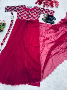 ชุดส่าหรีสีแดงสำหรับผู้หญิงชุดส่าหรีสไตล์บูติกอินเดีย - Product Image 5