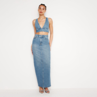 Haut court en jean sexy bleu grande taille pour femme, style streetwear, épaules dénudées, bretelles, 100 % coton, séchage rapide, respirant, hiver, coupe ajustée aux hanches