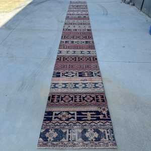 2.6x23.5 ft Vintage Rug, Turkish <b>Runner</b> Rug, Blue <b>Red</b> Floral Rug - Product Image 1