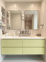 Meuble-lavabo double vasque flottant mat coloré avec miroir LED intégré et plan de travail en pierre