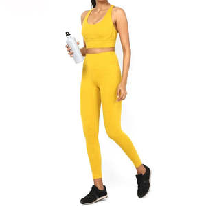 Vêtements de sport en gros 2025, séchage rapide, soutien-gorge de sport jaune uni, pantalon, ensemble de yoga pour femmes, service OEM, respirant, sans couture - Product Image 4