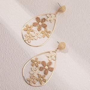 Boucles d'oreilles créoles fleur larme Boho paille osier mignon Floral à la mode déclaration bijoux pour les femmes fête - Product Image 4