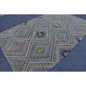 Kilim vert bleu grand tapis 6.4X10 pieds tissage plat tapis de laine turque en peluche pour salon couloir Patchwork Latex - Product Image 2