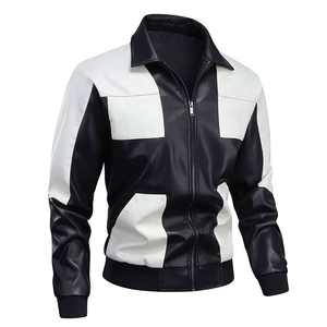 Personalizable hombres Vintage geométrico chaqueta de cuero genuino diseño de bloque impermeable cierre de cremallera liso teñido frente de lona - Product Image 2