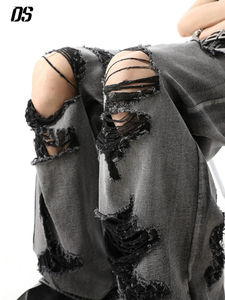 Джинсы DS: Горячая распродажа, серые, рваные, с высокой талией, широкие штанины, в уличном стиле, модные - Product Image 5