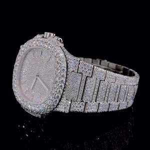 Montre mécanique pour homme, entièrement sertie de diamants, avec cadran blanc, diamants en moissanite et mouvement à quartz de luxe en acier inoxydable - Product Image 4