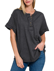 Camiseta de mujer de manga corta con cuello Henley de algodón cepillado de tela transpirable a la moda - Product Image 4